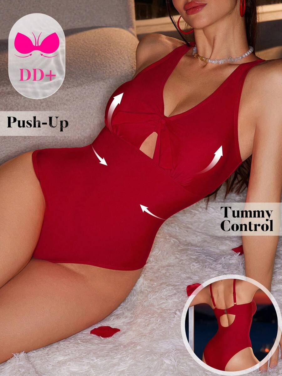 Swim DD+ 1pc Retro Red Lace-Up Tummy Control One-Piece Swimsuit, Summer Beach Vacation - Red - View 1