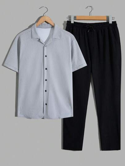 RueChic Men Stripe Printed Woven Fabric Regular Short Sleeve & Pants Shirt Set