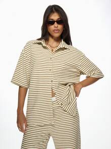 MISSGUIDED Striped Towelling Longline Shirt - Apricot - View 6