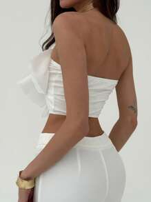 Aloruh White Contrast Fabric Bow Front Bustier Crop Top, Romantic For Wedding And Date