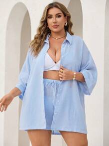 Swim Lushoire Conjunto de dos piezas para mujer, camisa y pantalones cortos de verano, de rayas azules y blancas, de manga tres cuartos, como cubridor de playa y tiempo libre, talla grande, para vacaciones