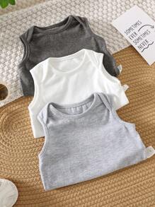 SHEIN Set de 3 piezas de peleles sin mangas de punto suave de cuello redondo de unicolor para recién nacido niño/niña - Gris - Ver 5