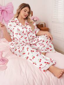 SweetSlumber Bow Cherry Satin Plus Size Pajama Set