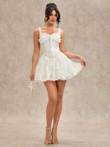 SHEIN BAE 纯白色优雅甜美浪漫 3D 蝴蝶蕾丝细肩带女式吊带背心、薄纱公主裙，适合鸡尾酒会、浪漫约会、分层穿着、派对、正式场合、晚会、婚礼、伴娘、万圣节、圣诞节 - 白色 - 查看 1