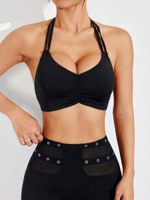 Easithlete Women Solid Color Casual Racerback Sports Bra - Black - View 6