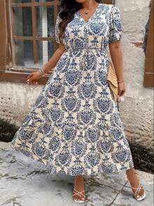 Breezaya Plus Size Boho Button Front Short Sleeve All Over Print Casual Shift Dress, For Summer - Multicolor - View 1