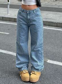 女士休闲水洗阔腿牛仔裤，适合日常穿着 - 中等水洗藍 - 查看 4