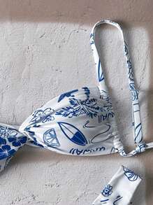 Swim Vcay 女士夏季中国风印花扭结细肩带高衩性感比基尼套装 - 藍白色 - 查看 6