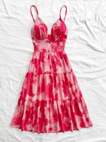 Dreamara Plus Size Women Summer Vacation Spaghetti Strap V-Neck Hollow Out Backless Butterfly Print Dress - Pink - View 5