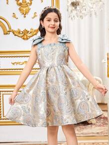 SHEIN 青少年女孩珍珠肩蝴蝶结后背蝴蝶结派对连衣裙，无袖