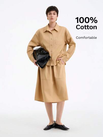 Aalyst Women's Elegant Simple Woven Khaki, Beige Long Sleeve Shirt & Knee-Length Lantern Hem Pocket Skirt 2 Pieces Set, Suitable For Autumn, Winter, Spring Fall Cloth For Women