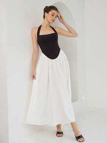 GENKIRA Vestido largo hasta el tobillo sin mangas con cintura fruncida y parches de malla, en estilo francés elegante para mujeres - Negro - Ver 2