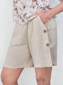 EMERY ROSE Short décontracté d''été pour femme avec poches avant et taille élastiquée, en tissu abricot - Nude - Voir 5