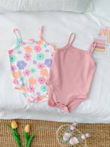 SHEIN Set de 2 piezas de ropa de primavera/verano para bebé niña con body de punto con patrón floral lindo