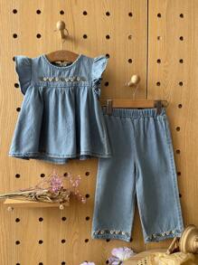 Vintaside Kids 2 件套女婴花卉刺绣牛仔上衣和裤子套装 - 彩色 - 查看 3