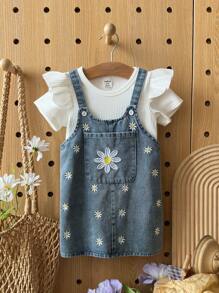 SHEIN Baby Girls White And Blue Floral Denim Cami Dress Set,Cute Short-Sleeved Knitted Top&Open Crotch Denim Effect Suit For Autumn Picnic,Spring Summer - Multicolor - View 3