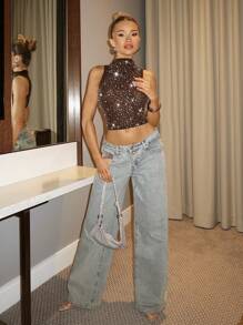 SHEIN BAE Elegant Women's High Neck See-Through Sparkling Sequins Tank Top, Suitable For Daily, Date, Traveling, Nightclub, Party, Perfect For Y2K Sparkling Christmas - Coffee Brown - View 3