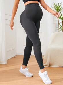 SHEIN Leggings de embarazo de unicolor con panel de soporte para el vientre y control de abdomen