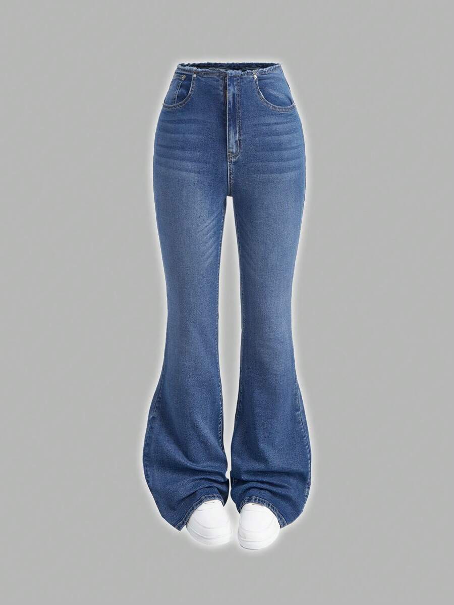 SHEIN EZwear Women's Low-Waist Skinny Stretch Flare Jeans, Blue, Spring - Blue - View 1