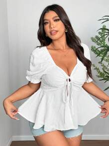 SHEIN Clasi Plus Size Women's Front Tie V-Neck Ruffle Hem Short Sleeve Blouse - White - View 2