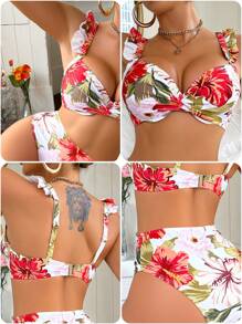 Swim DD+ Women Floral Print Ruffle Twisted Bikini Set Top & Bottom , Summer Beach Vacation