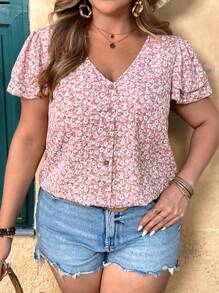 SHEIN VCAY 大码女式碎花 V 领短袖衬衫、度假装 - 彩色 - 查看 1