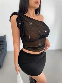 Flirla 女士加大码不对称领口荷叶边单肩亮片网眼衬衫 - 黑色 - 查看 6