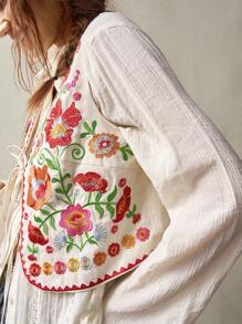 Bohemela Plus Size Front Tie Sleeveless Flower Embroidered Casual Jacket,Vintage Winter Fall Autumn - Beige - View 8