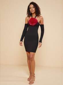 AROSE Designer Black Solid Halter Straps Red 3D Flower Long Sleeves Sexy Mini Dress, Spring & Summer, Festival For Women, Concert Elegant Vacation Business Casual Western Wear, Concert Outfit, Rave Outfits Wedding Festival, Prom Dress - Black - View 8