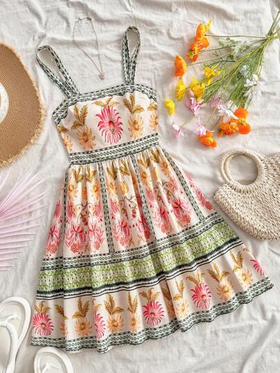 Soleia Vestido para mujer, vestidos de verano para mujer, vestimenta occidental para mujer, boho, vestido floral para mujer, atuendo de concierto para mujer, atuendo de rave y festival, atuendo de crucero para mujer, vestidos de cumpleaños para mujer, vestido de Pascua para mujer, vestido de verano con estampado tropical de flores de colocación, cintura recogida, corte línea "A", vestido mini, para primavera