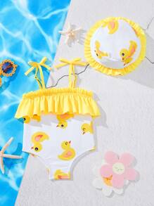 SHEIN 1pc Baby Girl Simple Fashion Casual Everyday One-Piece Swimsuit - Yellow - View 1