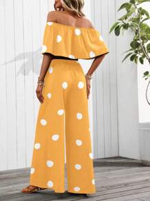 SHEIN Clasi 2pcs/Set Off-The-Shoulder Polka Dot Print Cropped Top And Wide-Leg Pants - Yellow - View 2