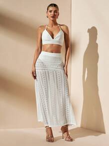 SHEIN BAE Bộ đồ đi nghỉ chữ A ren dây trắng xuyên thấu dành cho nữ - trắng - Xem 5