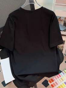 SHEIN LUNE Women's Handmade Pearl Decor Round Neck T-Shirt - Black - View 2