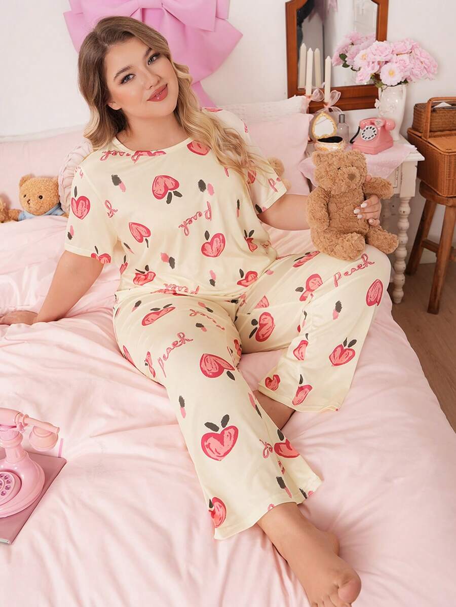 Cartoon Peach Print Plus Size Short Sleeve Top & Pants Pajama Set