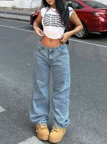 女士休闲水洗阔腿牛仔裤，适合日常穿着 - 中等水洗藍 - 查看 3