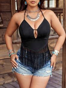 SHEIN LUNE Plus Size Women's Bohemian Tassel Spaghetti Strap Suede Camisole, Western Wear