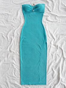 Soleia Vacation Women's Mint Green Knit Jacquard Texture Cropped Ruched Backless High Slit Dress,Summer Dress For Women,Beach Outfit For Women,Birthday Dress For Women,Western Wear Women,Easter Dress Women,Vacation Dress,Concert Outfit Women,Rave Outfit Festival,Pastel Dresses For Women