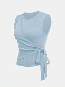 GlowEve Women's Casual Solid Color Tie-Waist Wrap Top And Pants 2 Pieces Set - Baby Blue - View 4