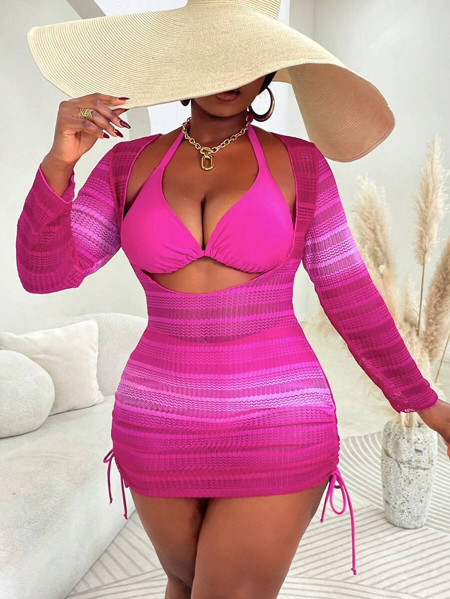 SHEIN Slayr CURVE Classic Resort Style Ombre Color Block Plus Size Tankini Swimwear, Summer Beach Vacation - Multicolor - View 1