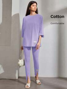 Seusyu Letter Patch Detail Drop Shoulder Tee & Slit Hem Trousers - Purple - View 6