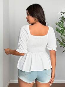 SHEIN Clasi Plus Size Women's Front Tie V-Neck Ruffle Hem Short Sleeve Blouse - White - View 6