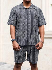 Manfinity Homme 2pcs Set Plus Size Men Geometric Print Short Sleeve Shirt + Shorts - Black and White - View 5