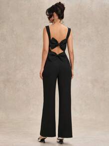 Mono sin mangas con espalda descubierta y lazo decorativo para mujeres, de pierna ancha - Elegante atuendo para salir, citas, fiestas - Mono asimétrico versátil - Negro - Ver 5