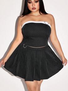 SHEIN ICON Plus Size Striped Office Outfit, Striped Camisole Top And Striped Pleated Skirt 2Pcs Set - Black and White - View 3