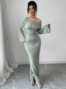 Modelyn Robe à manches longues en jacquard plissé à épaules obliques pour femmes - Vert - Voir 6