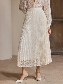 Anewsta Váy chữ A ren thanh lịch, kín đáo, mùa hè cho nữ, váy dài xếp ly cạp cao, giản dị, công sở cho kỳ nghỉ ở bãi biển - Màu be - Xem 5