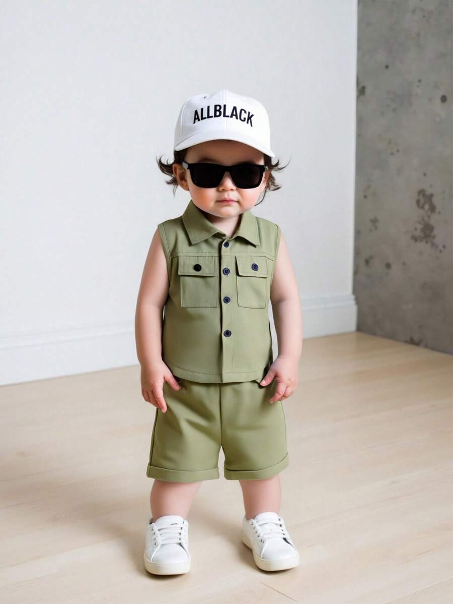 Conjunto de camisa e shorts sem mangas verde militar unissex para bebês/crianças pequenas, estilo casual simples, tecido macio e confortável, adequado para férias, viagens, escola, reuniões diárias, esportes, primavera/verão - Verde - Ver 1