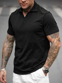 Manfinity Homme Men's Casual Daily Wear And Vacation Attire, Featuring A Black Knitted V-Neck Short-Sleeve Polo Shirt With A Geometric Textured Solid-Color Jacquard Design. This Polo Is Suitable For Refreshing Looks In All Seasons And Is Perfect For Hawaiian Beach Vacation. It's Also Great For Couple Matching And Serves As An Excellent Gift Idea For Boyfriends Or Husbands, Ensuring A Stylish Combination - Black - View 4