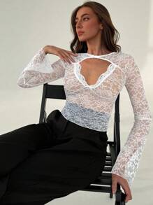 Aloruh Áo ren mỏng cổ chữ V sâu tay dài cho nữ, gợi cảm cho lễ hội âm nhạc và Giáng sinh - trắng - Xem 6